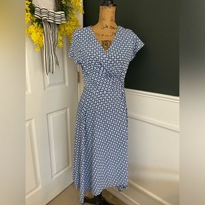 Faux wrap blue and white midi dress cap sleeve Sz M